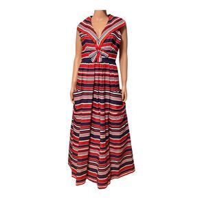 1970s Modern Couture Original Red White Blue Stripe A-Line Sleeveless Maxi Dress